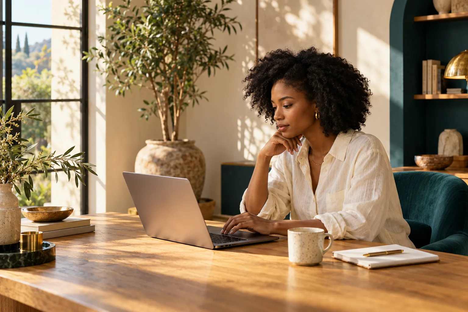 Illustrative campaign photograph of a professional working in a sunlit home workspace